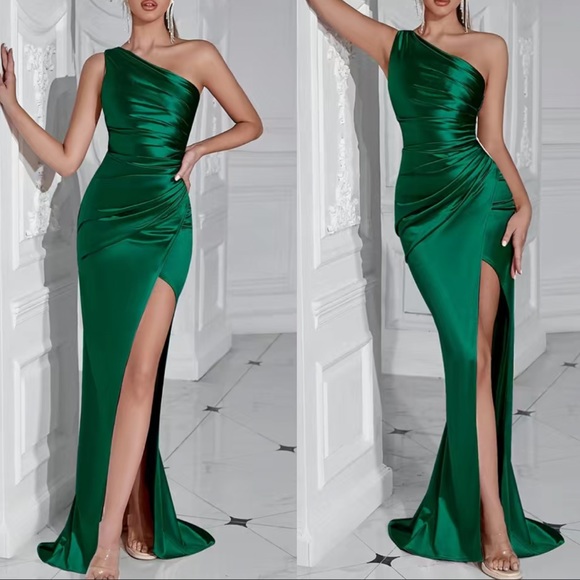 Luxe black one shoulder slit thigh party formal prom gown dress - Picture 3 of 16